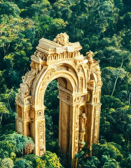 Prompt: aerial photo of a sculpture made of gold in the jungle, beautiful great arches and detail, architecture carved for a titan