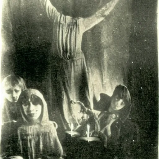 Image similar to creepy 1920 photo taken during a séance showing a spirit medium manifesting ectoplasm