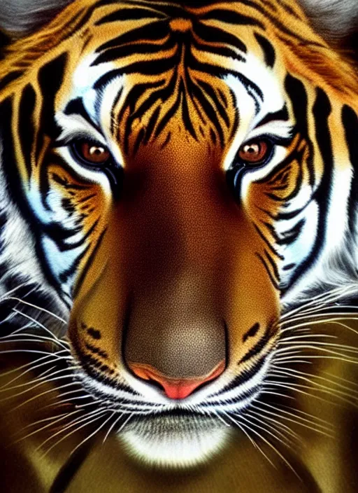 Image similar to a colour photo of a tiger, a photorealistic painting by christian w. staudinger, behance, hyperrealism, hyper realism, majestic, wallpaper