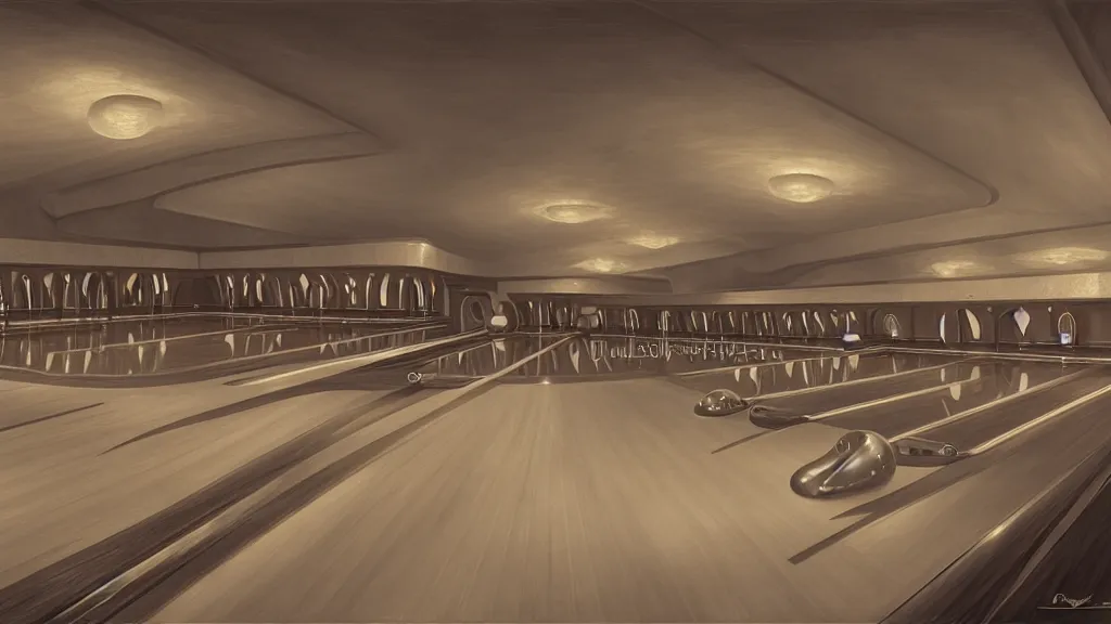 Image similar to art deco bowling alley, ultra detail, photoreal, soft moonlight lighting, realistic, wide angle, sharp focus, 8 k high definition, insanely detailed, intricate, elegant, art by artgerm and wlop