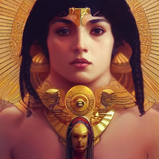 Prompt: portrait of egyptian sun god, intricate, elegant, highly detailed, digital painting, artstation, concept art, smooth, sharp focus, illustration, art by artgerm and greg rutkowski and alphonse mucha and william - adolphe bouguereau