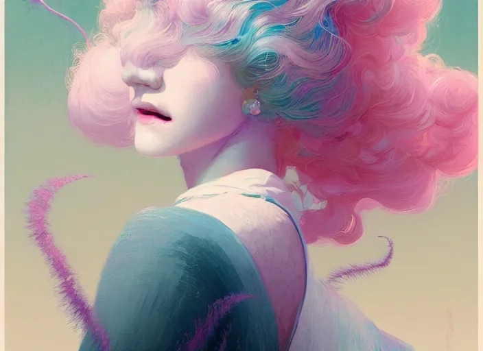 Prompt: portrait of a woman with cotton candy hair - art, by wlop, james jean, victo ngai! muted colors, very detailed, art fantasy by craig mullins, thomas kinkade cfg _ scale 8
