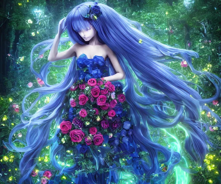 Image similar to 3 d anime magical goddess with long blue hair in a dress made of ivy and roses in a mythical forest, aurora borealis, roger magrini, leticia gillett, skeeva, nika maisuradze, billelis, christian behrendt, zigor samaniego, joannie leblanc