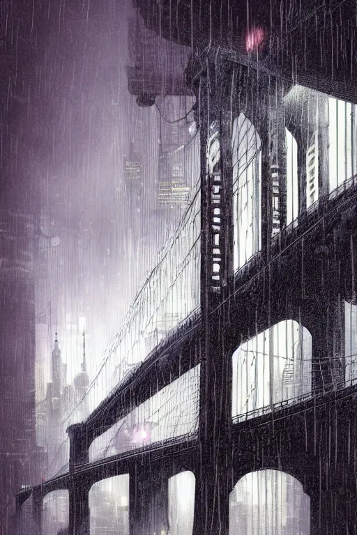 Image similar to beautiful digital illustration Brooklyn Bridge in the rain cyberpunk by Marc Simonetti
