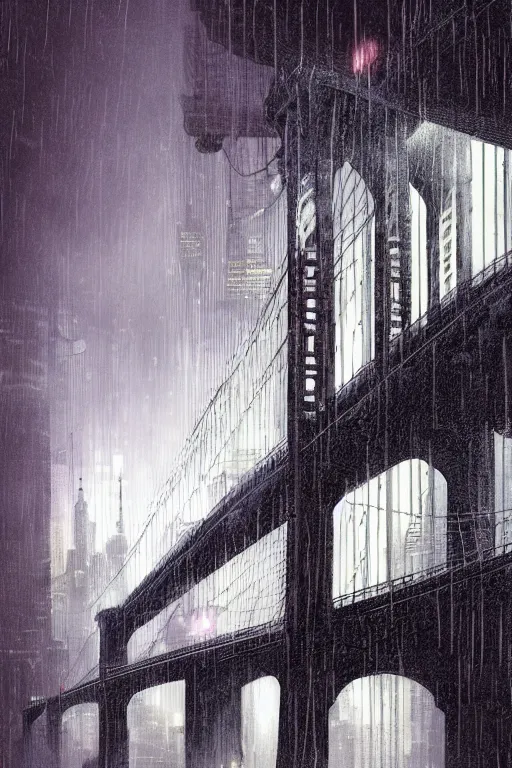 Prompt: beautiful digital illustration Brooklyn Bridge in the rain cyberpunk by Marc Simonetti