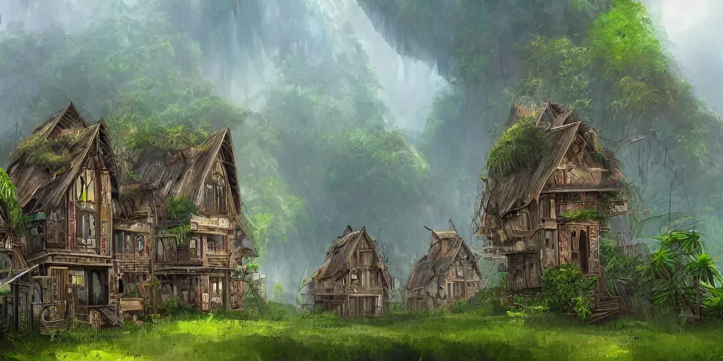 Image similar to long and tall fractal houses, village, jungle, artstation, digital art
