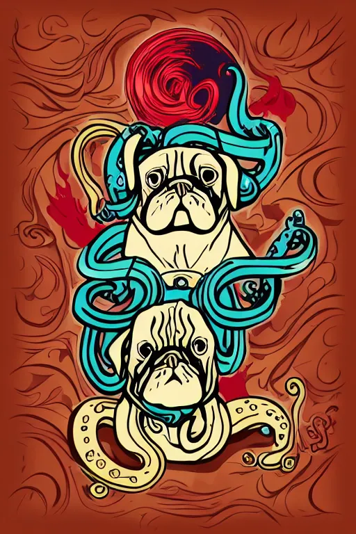 Image similar to Pug with tentacles, the devil, sticker, blood thirsty, spawn of Satan, burning in hell, blood, evil, colorful, illustration, highly detailed, simple, smooth and clean vector curves, no jagged lines, vector art, smooth