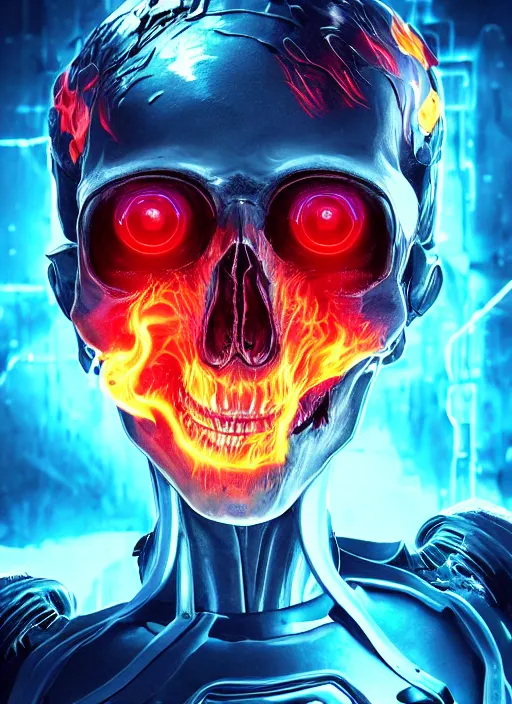 Image similar to a futuristic skull with glowing eyes and a flame fire background, cyberpunk art by android jones, behance contest winner, computer art, darksynth, synthwave, rendered in cinema 4 d