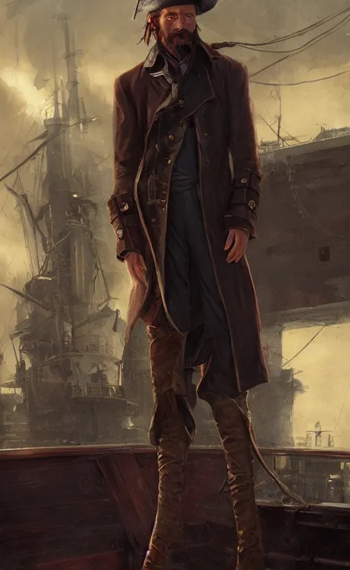 Image similar to portrait of a 1 9 th century pirate in a trenchcoat, short hair, standing on the deck of a ship, victorian, concept art, detailed face, fantasy, highly detailed, cinematic lighting, digital art painting by greg rutkowski