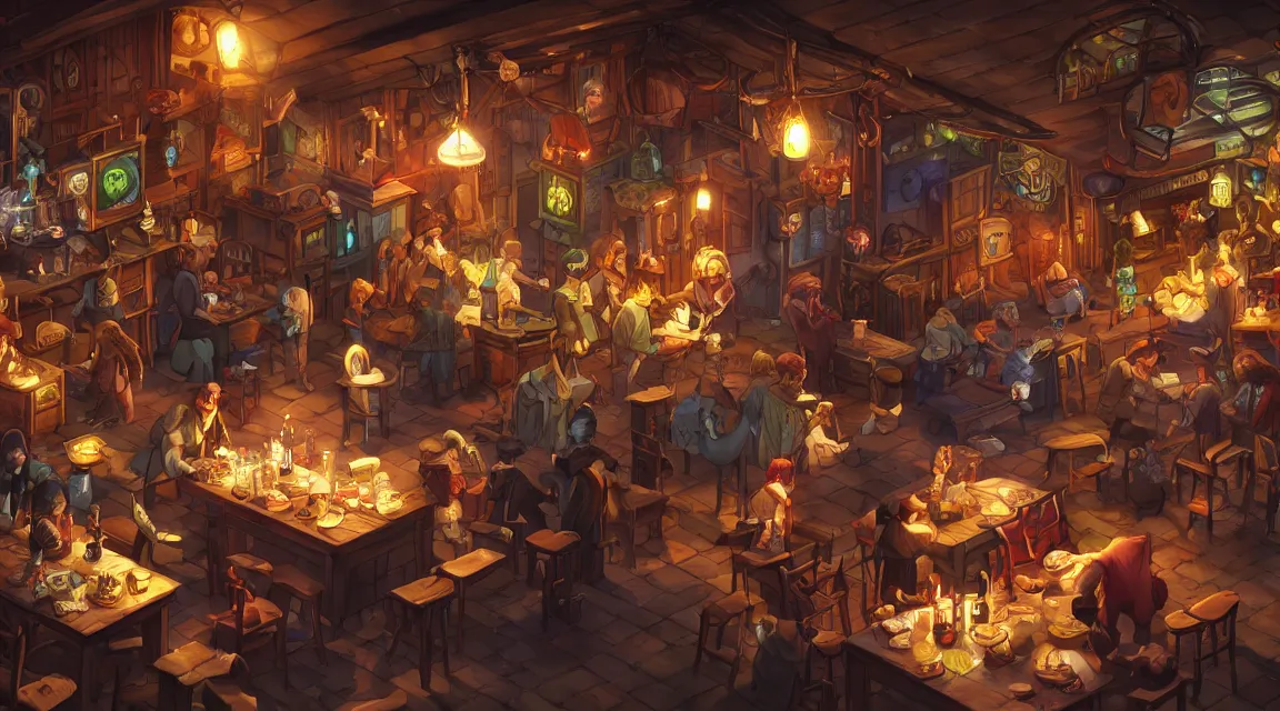Prompt: A multidimensional cozy tavern, screenshot from anime hidden object game, cinematic lighting, epic composition, cartoon, animation, background art, post processing, 8K resolution