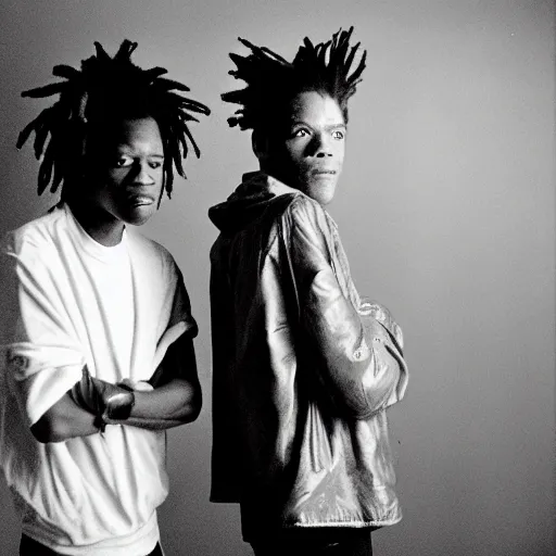 Image similar to medium format photo of jean - michel basquiat and kurt cobain photographed by annie leibovitz in a hi end photo studio, photorealistic, atmospheric,