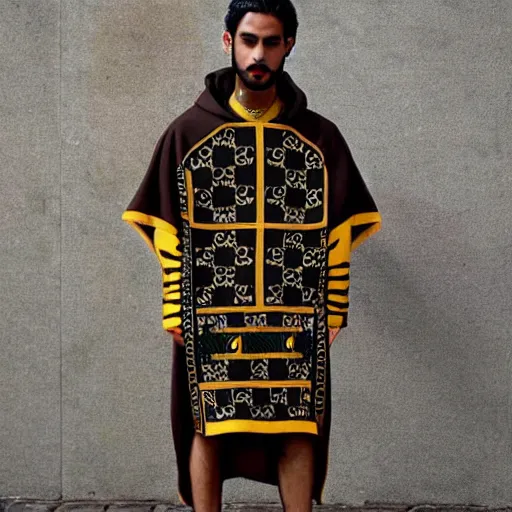 Image similar to hispanic brown skin wearing gucci versace intricate textile chiton himation cloak tunic detailed streetwear cyberpunk modern fashion