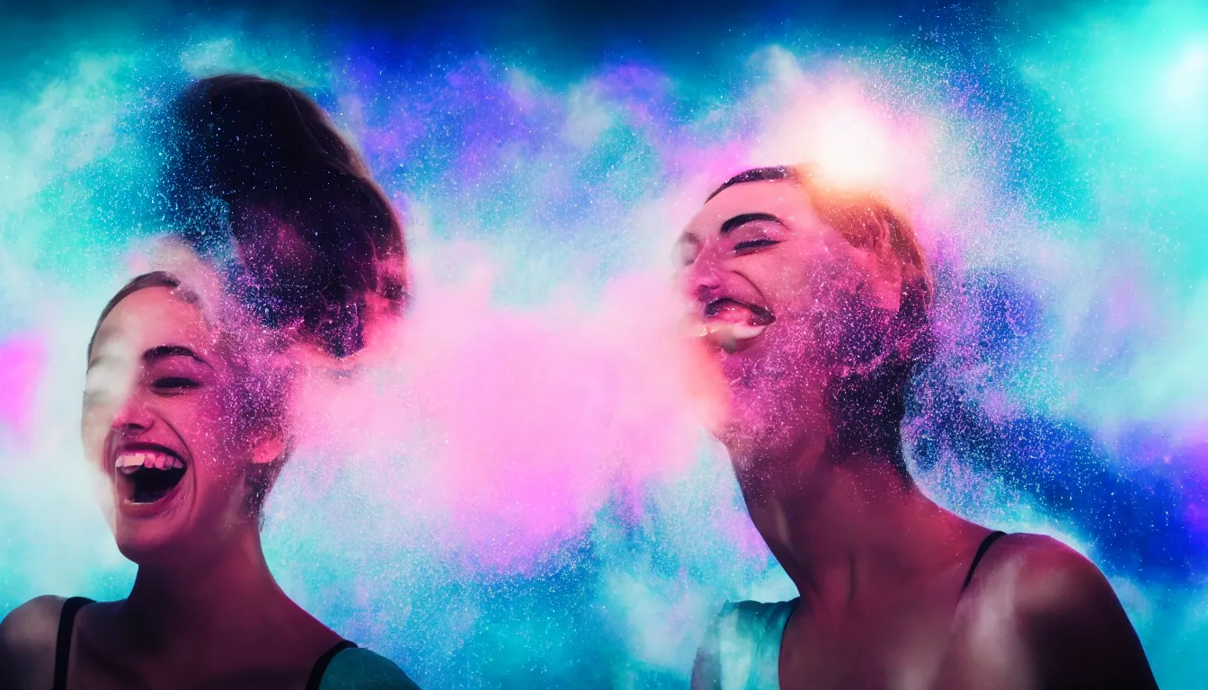 Prompt: humans , feedback loop , burst of powders ,volumetric lighting, twisting vapour, bellowing dust , emerging hands and beautiful laughing with woman’s face , full colour , upscale , 4k