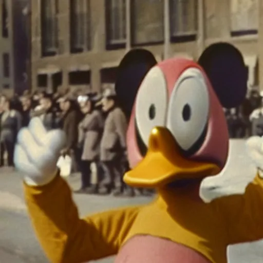 Image similar to historic colorized photograph of donald duck at a nazi parade in 1 9 3 6