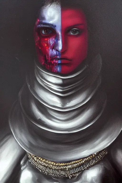 Image similar to hyperrealism oil painting, close - up portrait of european medieval brunette vampire fashion model, knight, steel gradient mixed with nebula sky, in style of baroque