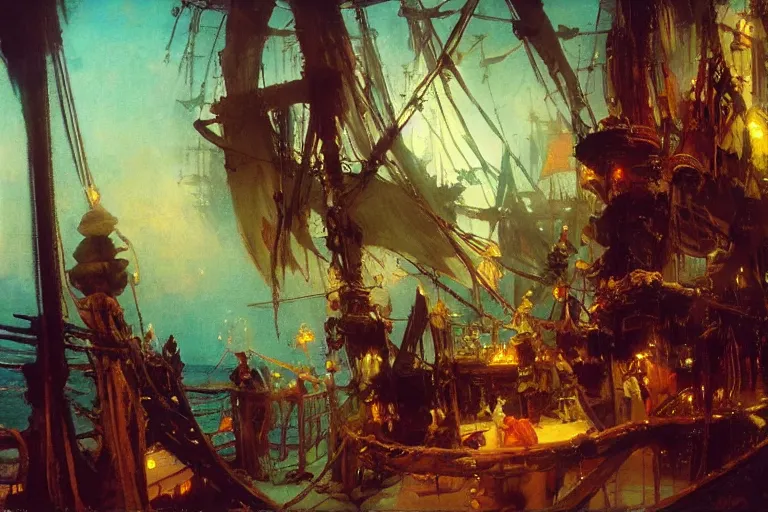 Image similar to pirate ship deck interior, intricate, elegant, highly detailed, vivid colors, john harris, frazetta, tyrus wong, ruan jia, jeffrey catherine jones