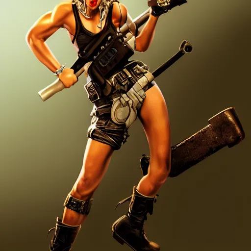 Image similar to tank girl, ultra highly detailed, fine art, action pose, wild eyes, big hammer, 4 k