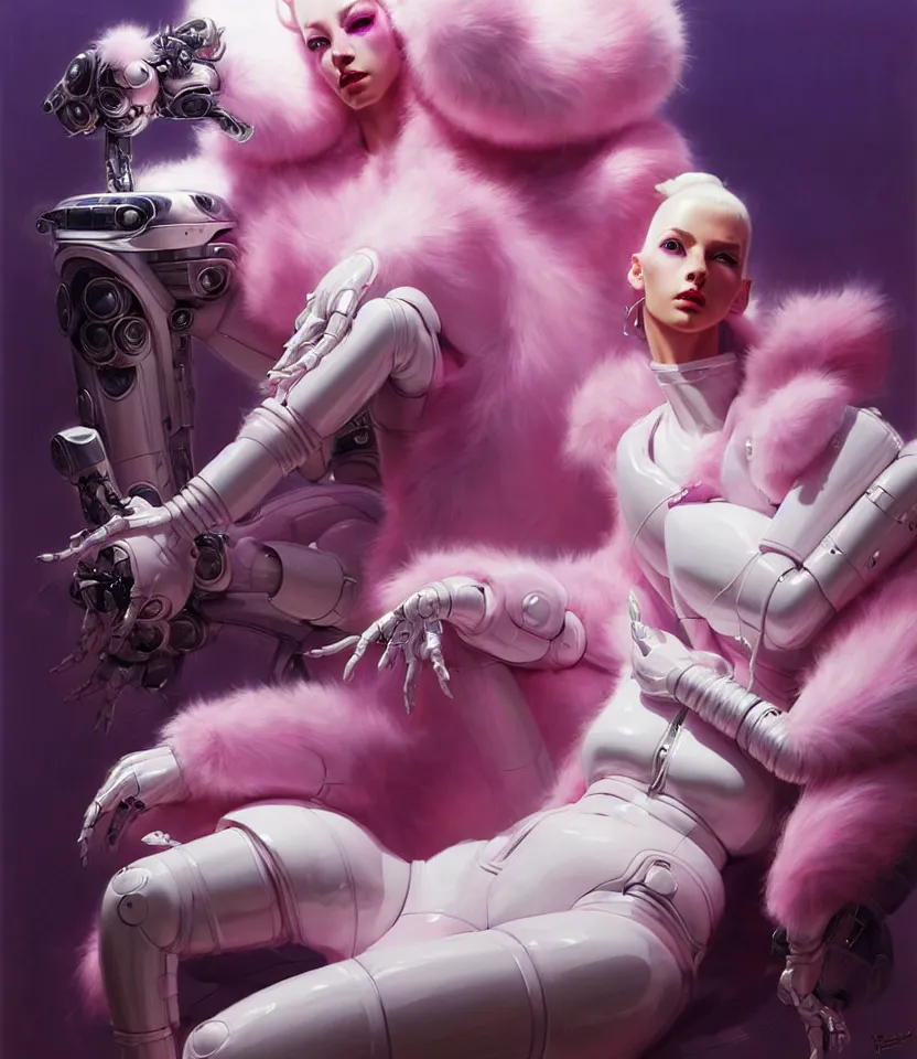 Image similar to beautiful fantasy character portrait, wearing pink puffy bomber jacket with white fur, seductive reclining pose, futuristic robots sitting, ultra realistic, dramatic lighting, robots, the fifth element artifacts, highly detailed by peter mohrbacher, hajime sorayama, wayne barlowe, boris vallejo, aaron horkey, gaston bussiere, craig mullins