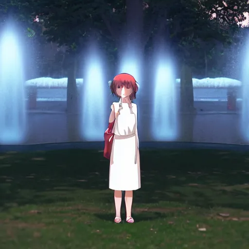 Image similar to a full body portrait of a young woman wearing a white apron standing in front of a fountain in a park, makoto shinkai, james gilleard, very detailed, matte, gaussian blur, tone mapped William-Adolphe, photo taken with Sony a7R