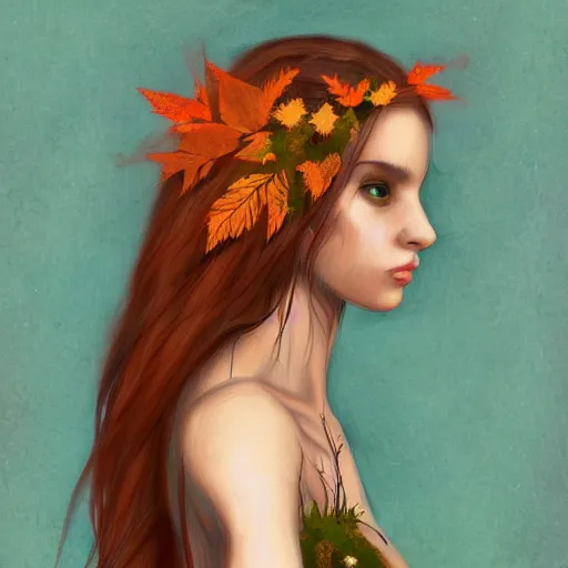 Prompt: A beautiful digital painting of a Dryad with twigs, orange and brown leaves for hair, trending on artstation