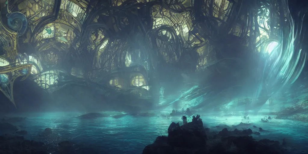 Image similar to an underwater landscape in the abyss, futuristic cathedral underwater, photorealistic, people, fishes, light rays from above the surface, realistic paint, specular light, high contrast, highly detailed, 4k, shallow depth of field, cinematic light, concept art, artstation, art by Enrich Victor, Alphonse Mucha