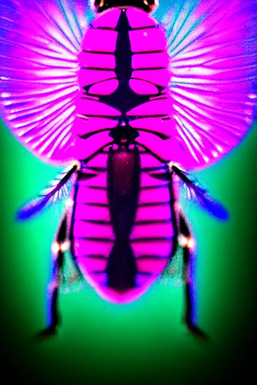 Image similar to high quality macro photo holographic neo-surreal fly! jeweled gorgeous! highly detailed digital art david ligare elson peter cinematic pink neon lighting high quality low angle hd 8k sharp shallow depth of field