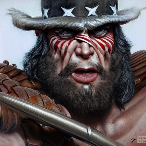 Image similar to portrait of a barbarian uncle sam, muscular, wild, upper body, d & d, fantasy, intricate, cinematic lighting, highly detailed, digital painting, artstation, concept art, smooth, sharp focus, illustration, art by hajime sorayama