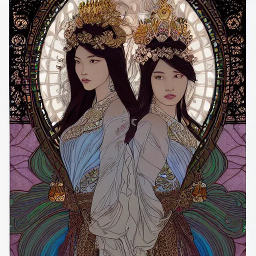 Prompt: beautiful and detailed digital illustration of a twin thai princesses by kittichai rueangchaichan, floralpunk, Artstation, art nouveau aesthetic, Alphonse Mucha background, intricate details,concept art, realistic, dramatic, detailed intricate ink illustration, heavenly atmosphere, Ukiyo-style