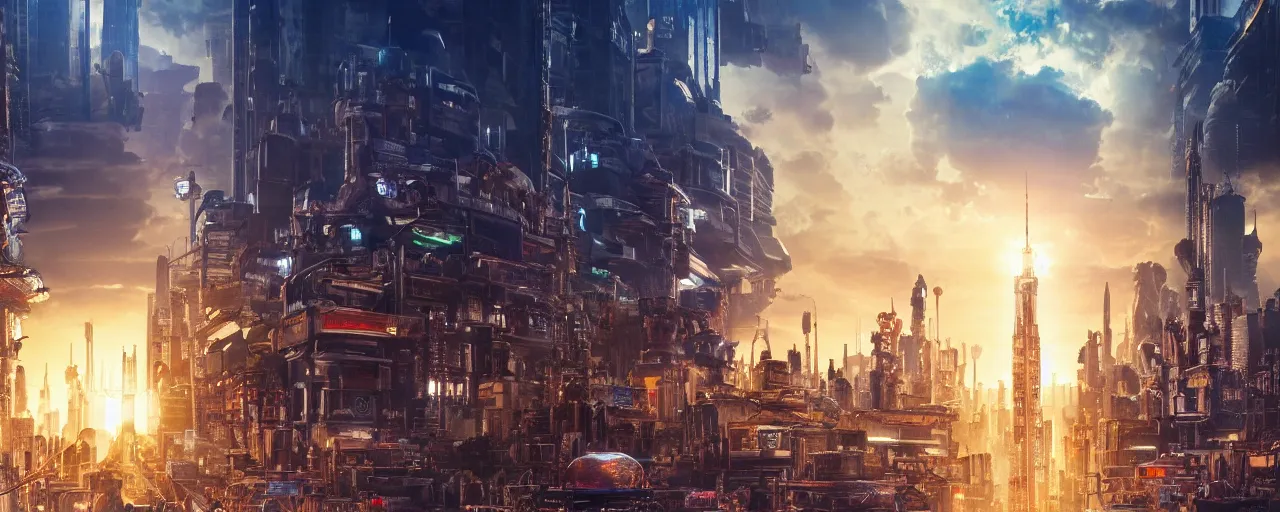 Prompt: A city in the OASIS from Ready Player One, 4k wallpaper, look at all that detail!, heavenly lighting, street perspective, cinematic, dramatic, virtual reality