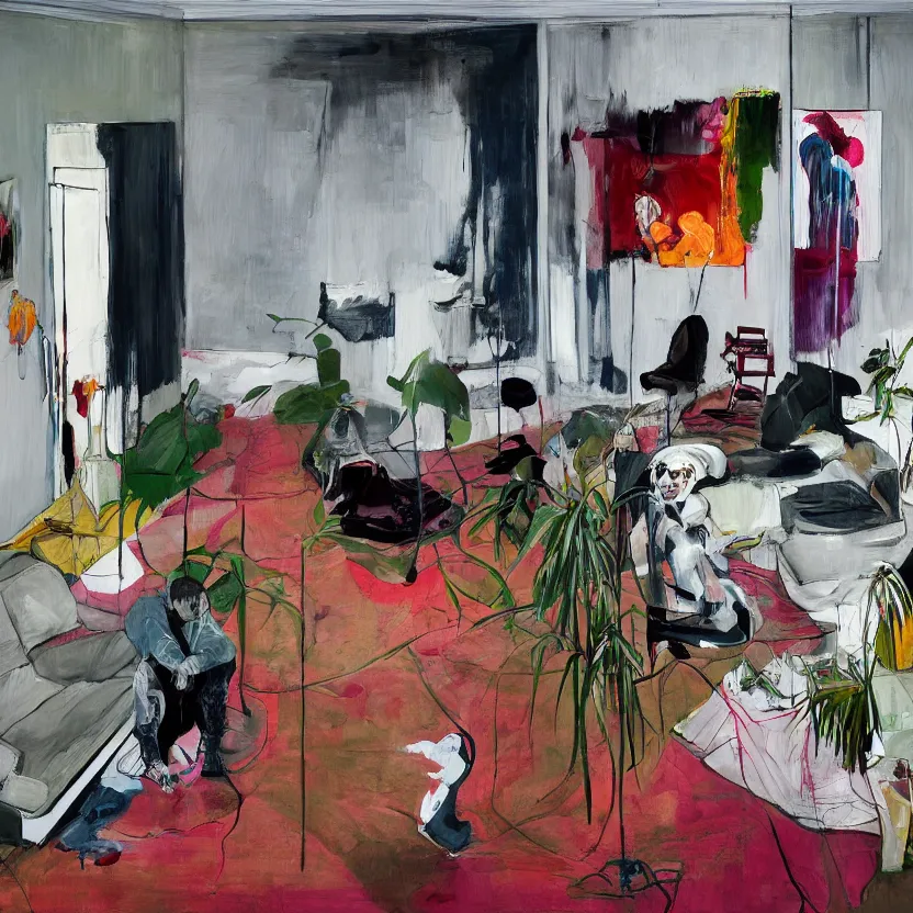 Image similar to One woman feeling lost in a living room of a house, There is one living room plant to the side of the room, expressionist painting by francis bacon and martine johanna