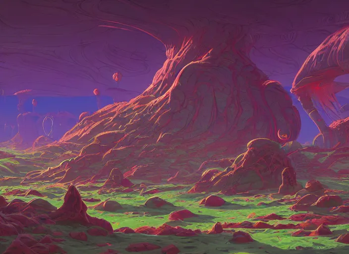 Image similar to psychedelic concept art of an alien landscape made of baked beans, cel shaded, in the style of makoto shinkai and moebius and peter mohrbacher and anton fadeev