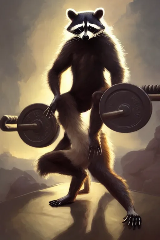 Image similar to anthro raccoon lifting weights, dim dingy gym, dynamic pose, fantasy, intricate, elegant, highly detailed, digital painting, artstation, concept art, matte, sharp focus, illustration, art by artgerm and greg rutkowski and alphonse mucha