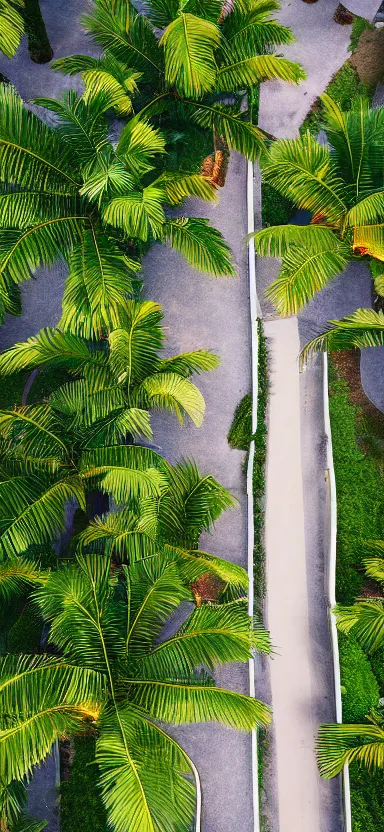 Prompt: highly aerial photo of walkway with palm trees, by shunji dodo, 8 k resolution, photo, high quality
