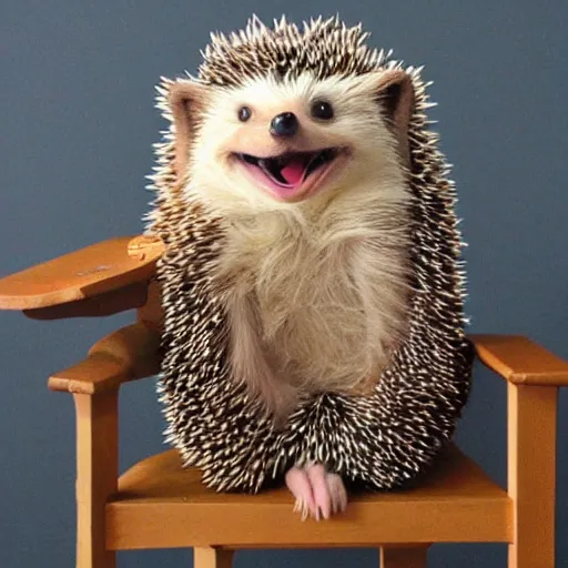 Image similar to cute cheeky grinning hedgehog sitting in a chair painted by gerard sekoto