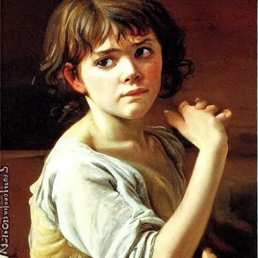 Prompt: young Cosette in a dark, dirty kitchen, looking pitiful wearing ragged peasant clothing from Les Miserables, detailed oil painting by Jacques Louis David