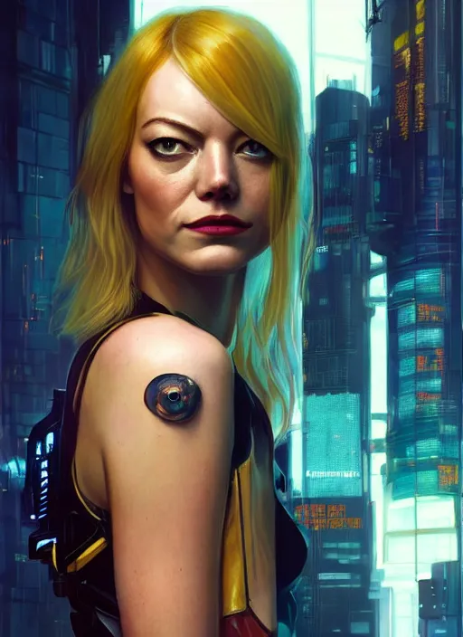 Prompt: portrait of Emma Stone as an actress character in Cyberpunk 2077, looking at camera, intricate, long blond hair, elegant, sci-fi, extremely detailed, digital painting, artstation, concept art, smooth, sharp focus, illustration, ambient lighting, incredible art by artgerm and greg rutkowski and alphonse mucha and simon stalenhag