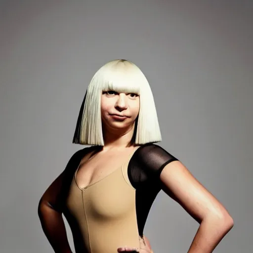 Image similar to sia furler wearing a skin colored leotard full body artistic photoshoot