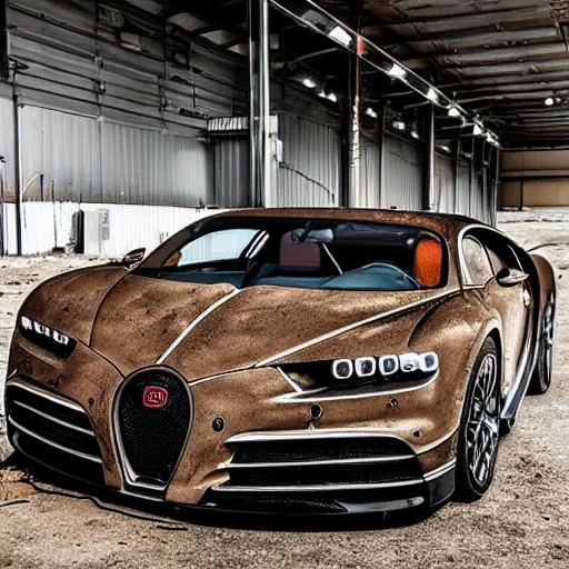 Image similar to an abandoned, derelict, ( really rusty ) bugatti chiron in a dirty warehouse