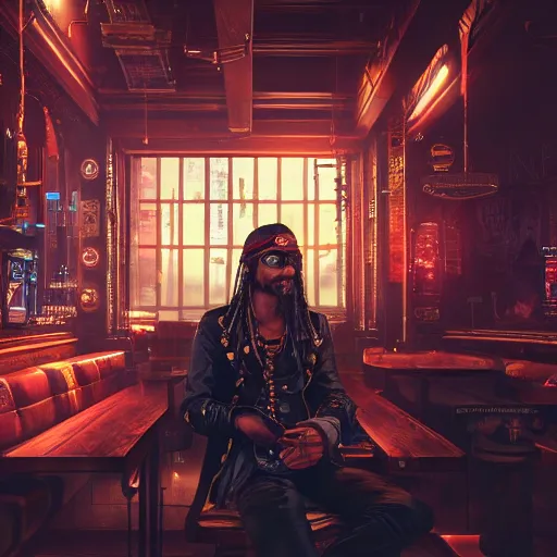 Image similar to a high quality portrait of a beautiful pirate in a cyberpunk cyberpunk cyberpunk cafe, realism, 8k, award winning photo