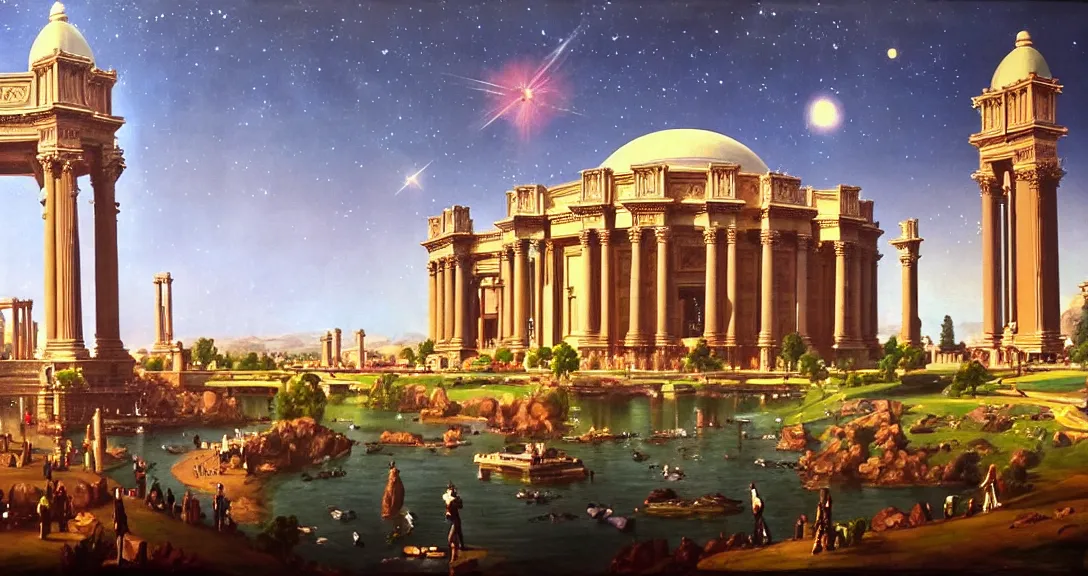 Image similar to the san francisco palace of fine arts during the intergalactic futuristic fair, romantic era sci - fi painting, futuristic