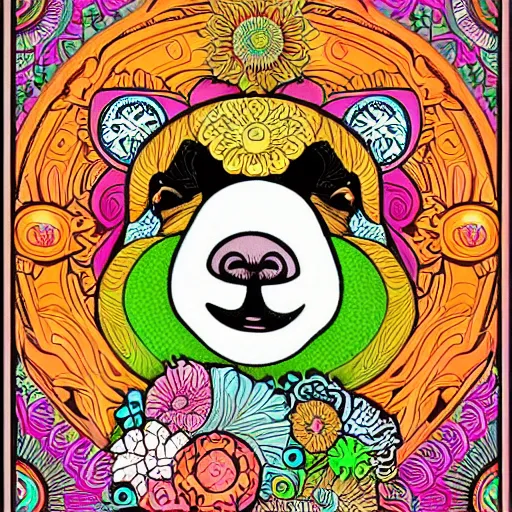 Image similar to beautifully ornate art nouveau opart glowing chunky baby capybara neon wearing a flower crown with mushrooms with flower mandala in background poster art by victor moscoso and gilbert shelton, saturated bright pink orange and green, 8 k, artstation