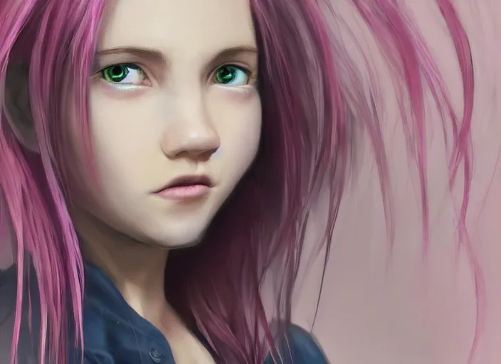 Prompt: concept art for the main character in the award winning film named life is better in pink. the character is a unnaturally beautiful teenage girl with deep dark blue eyes and long curled pink hair, wearing light pink clothes. her lips have a shape reminiscent of a cat's. realistic cg render, anatomically correct, high key lighting, trending on art station, vibrant colors.
