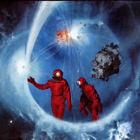 Prompt: two scientists wearing red rick owens hazmat suits in a blue nebula wormhole by frank frazetta