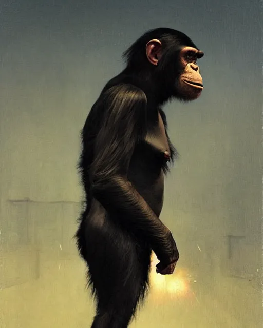 Image similar to cyberpunk augumented chimpanzee at the computer. art by greg rutkowski, gustave courbet, rosa bonheur, edward hopper. faithfully depicted facial expression, perfect anatomy, sharp focus, global illumination, radiant light, detailed and intricate environment, trending on artstation