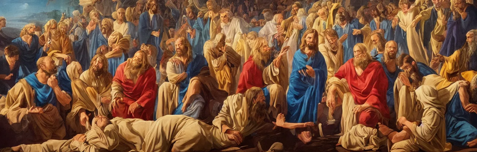 Image similar to Donald trump corrects Jesus in various situations in this highly detailed Mormon frieze