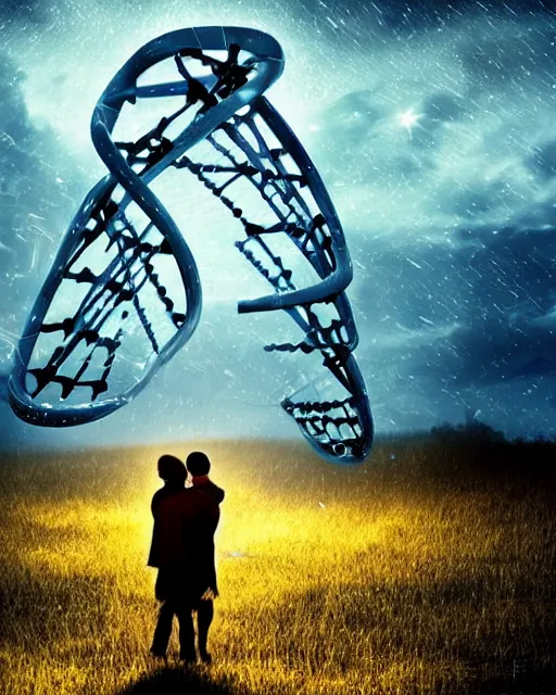 Image similar to in a field, two scientists in lab coats encounter a monster shaped like the DNA double helix, stormy weather, night scene, volumetric light, fireflies