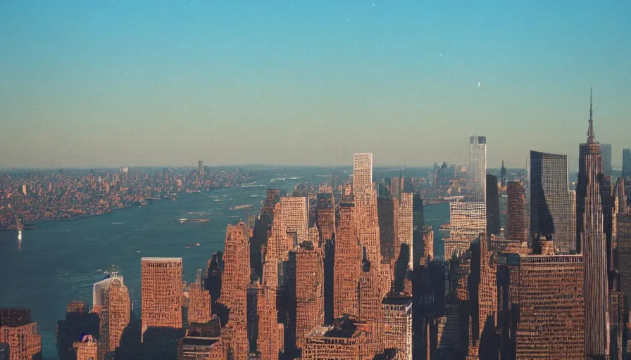 Image similar to highly detailed cinematic, hudson river in the background, twin towers, new york skyline, cinestill 8 0 0 t 3 5 mm 1 9 8 9, technicolor,, high quality, high detail, warm light, 8 k, realistic, hd