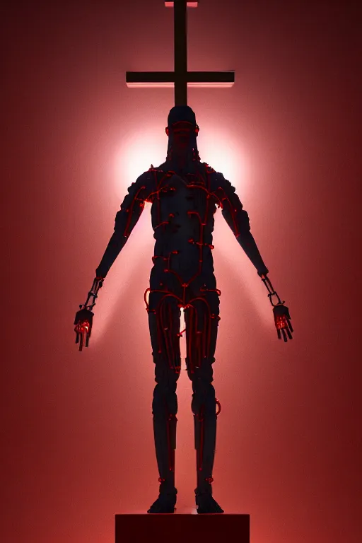 Prompt: 2 0 5 0 a statue jesus on cross made of red marble with wires, tubes, veins, perfect symmetrical body, full body shot, inflateble shapes, white biomechanicaldetails, wearing epic bionic cyborg implants, masterpiece, intricate, biopunk, vogue, highly detailed, artstation, concept art, cyberpunk, octane render