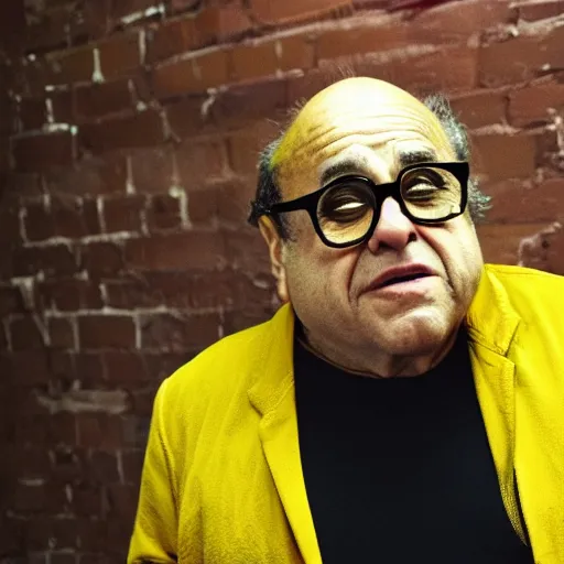 Image similar to danny devito in the backrooms, liminal space, scary, yellow, cinematic camera