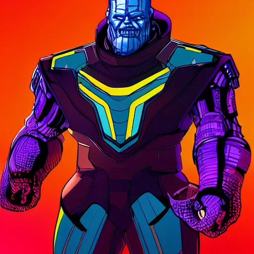 Image similar to cyberpunk robotic thanos, sharp lines, digital, artstation, colored in